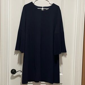 Dark, Mini & Chic Navy Blue Shift Dress Long Pleated Bell Sleeve Semi Formal